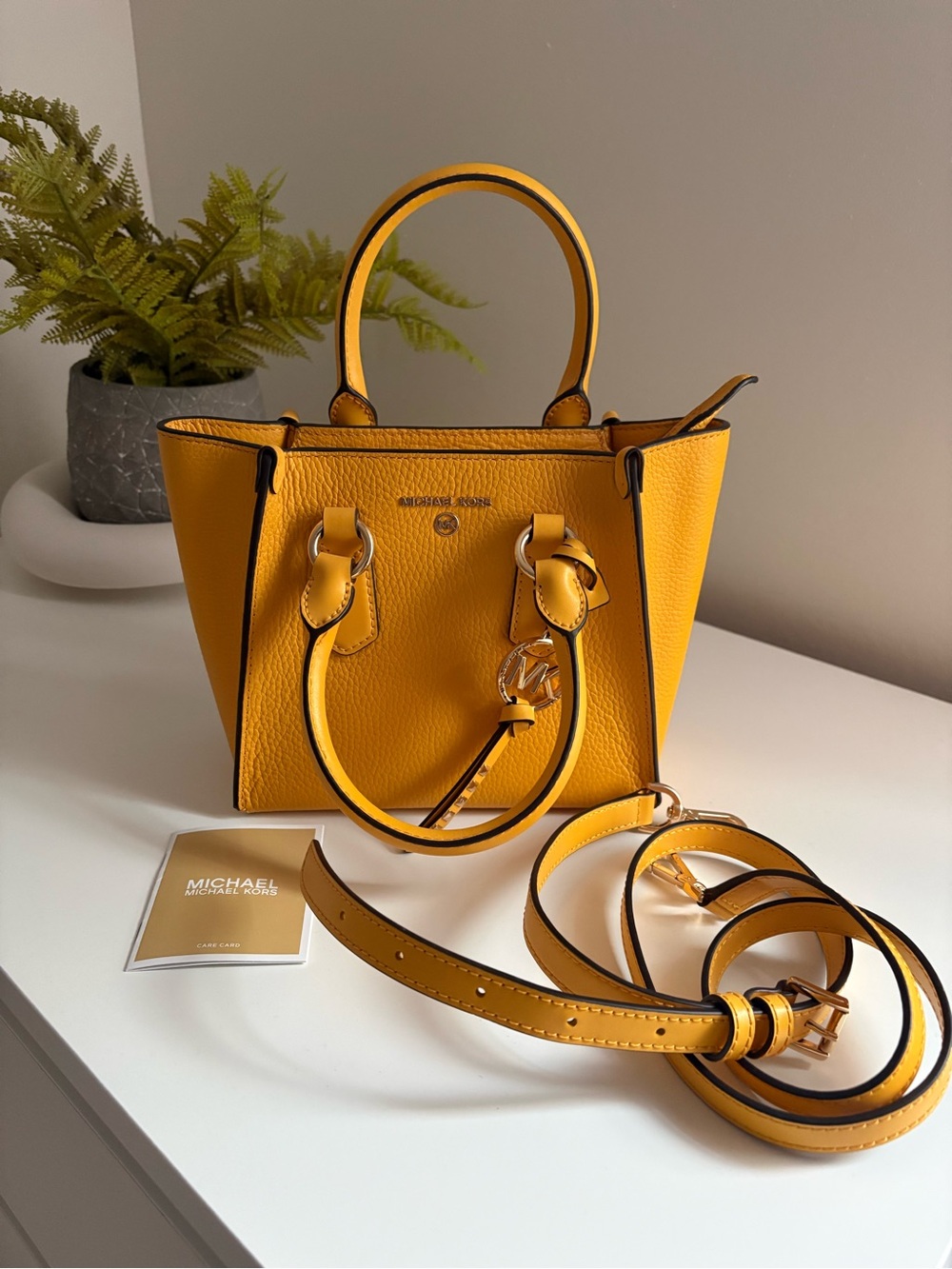 Michael Kors Mustard Yellow Pebbled Leather Mini Tote with Charm